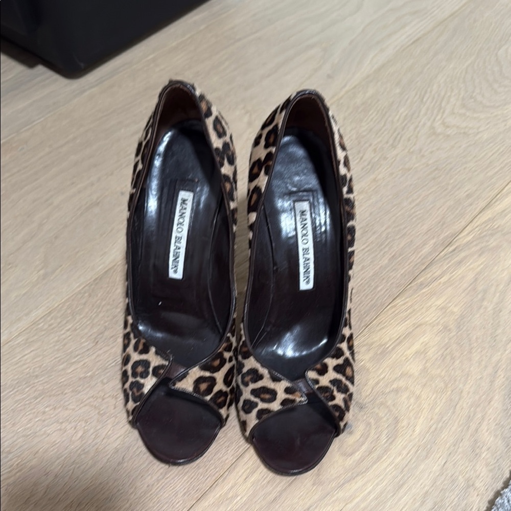 Manolo Blahnik Animal Print Peep Toe Heels